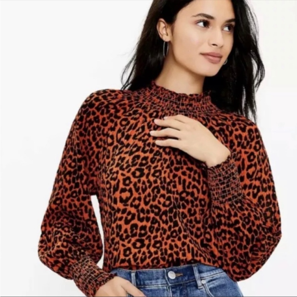 Loft: black and orange Leopard print smocked top blouse size small petite
